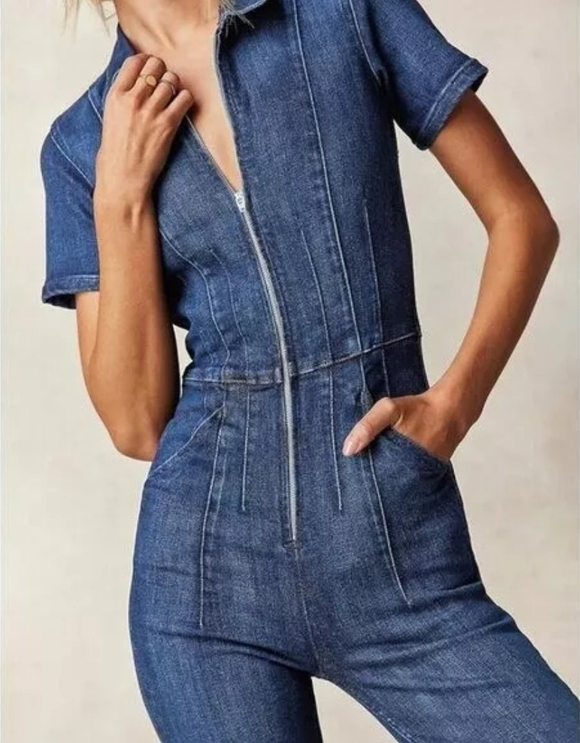 Denim Jumpsuit Flare Wide Leg Blue Jean Jumper Short Sleeve Button Stretch Long Romper Pants