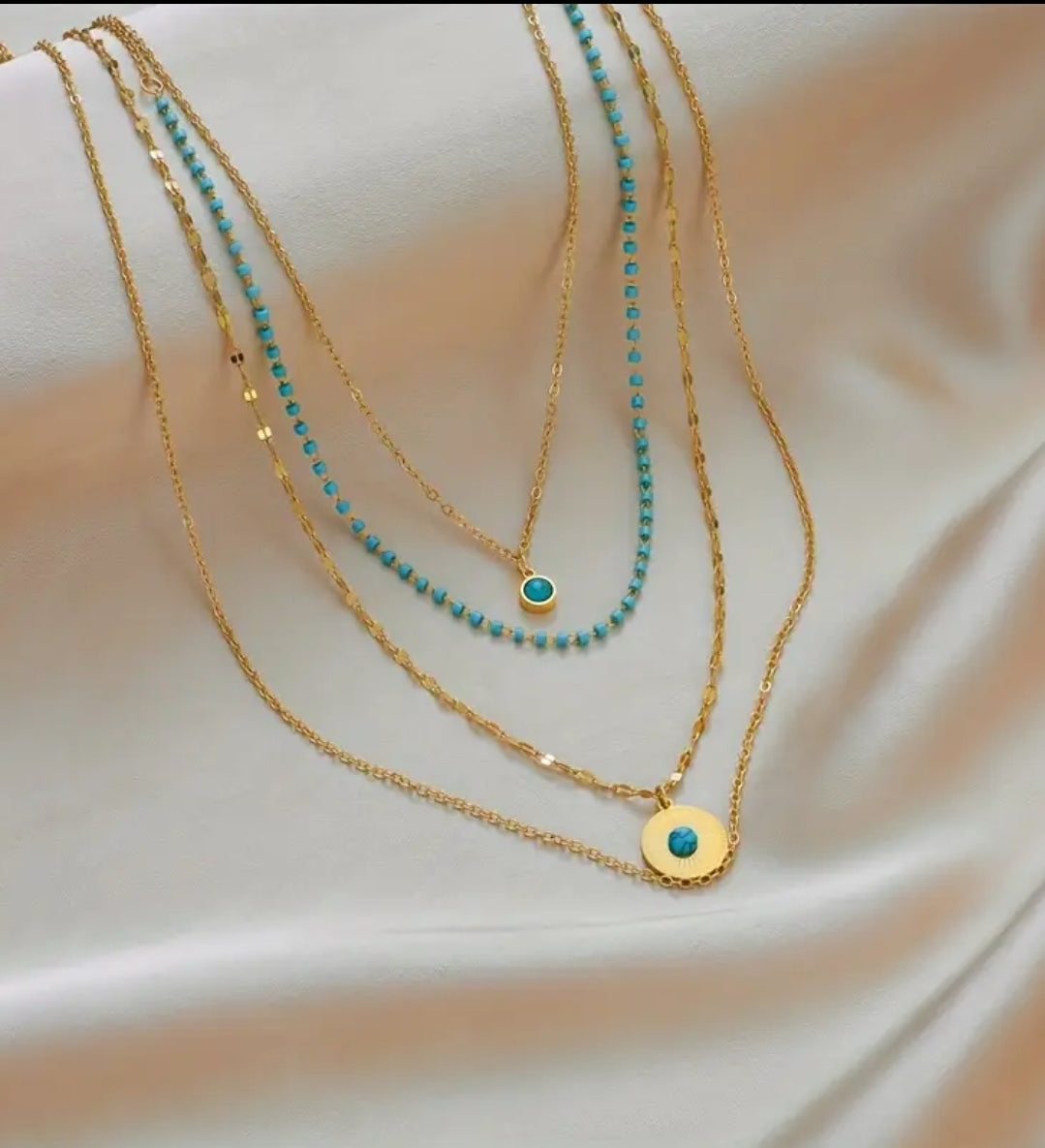 Stainless steel blue Boho Necklace Four Layers Chain Double Pendant
