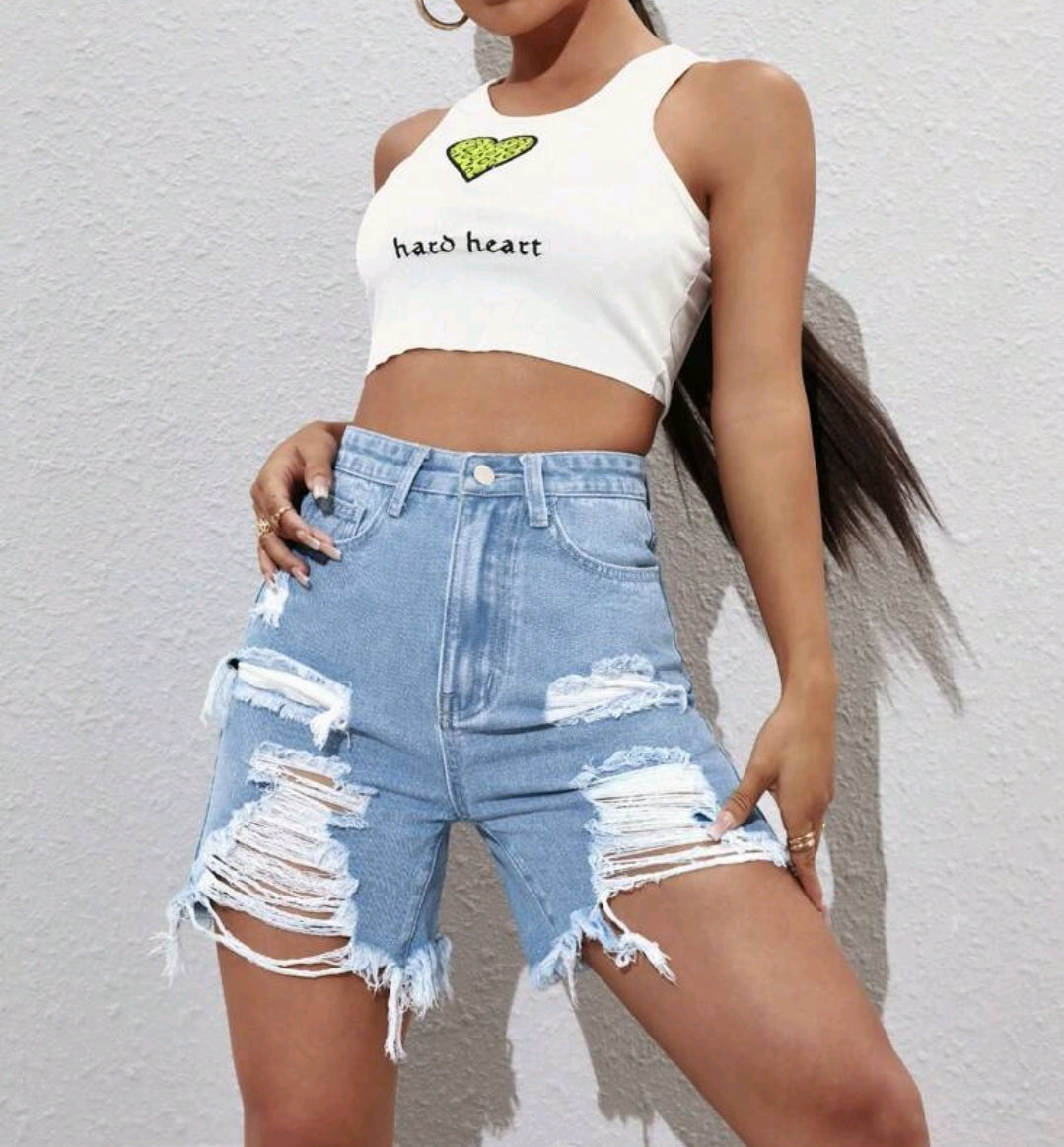 Light Distress High Waist Denim Shorts
