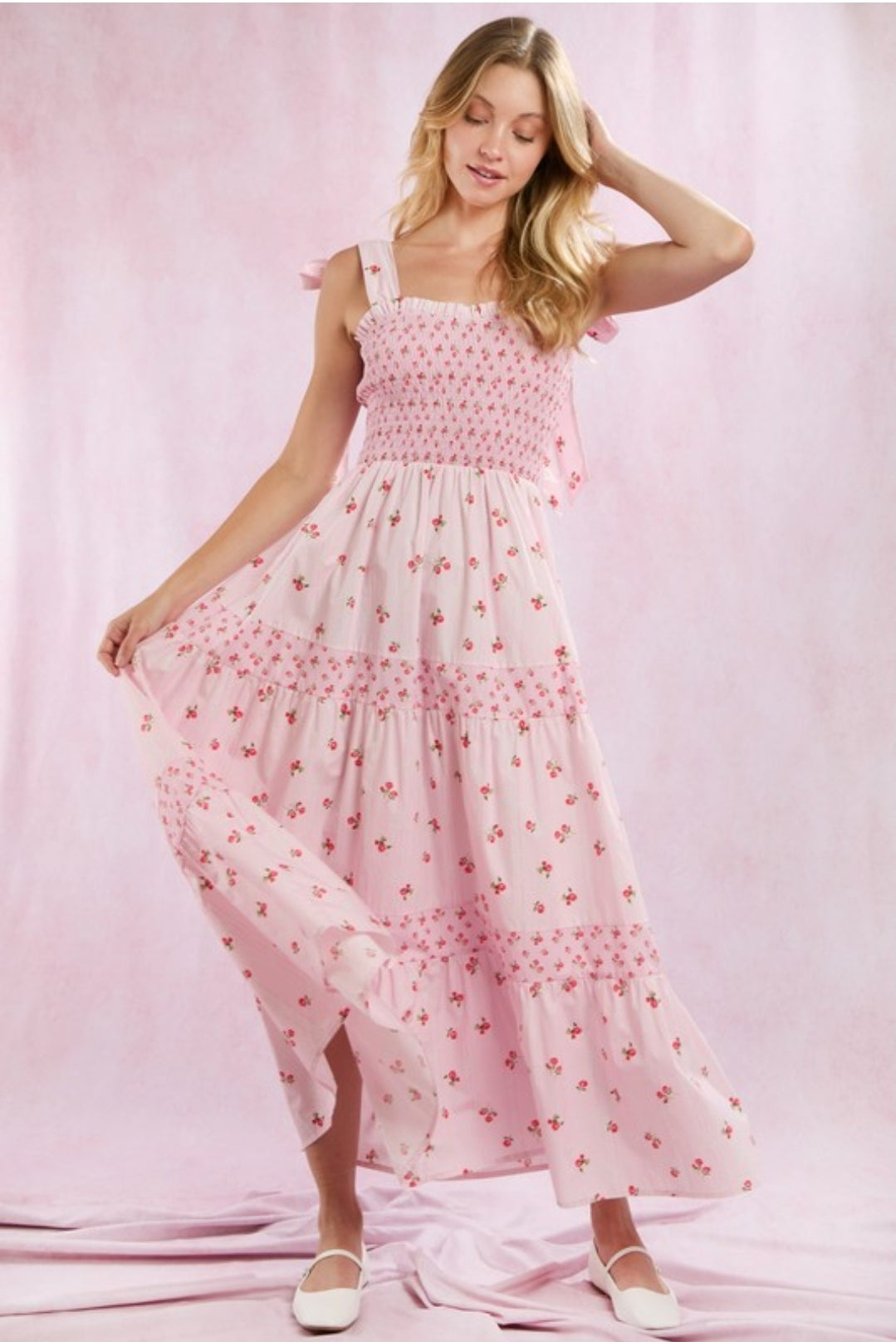 Shoulder Bow Strap Summer Pink Floral Print Long Dress Cute Long Vacation Beach Dress