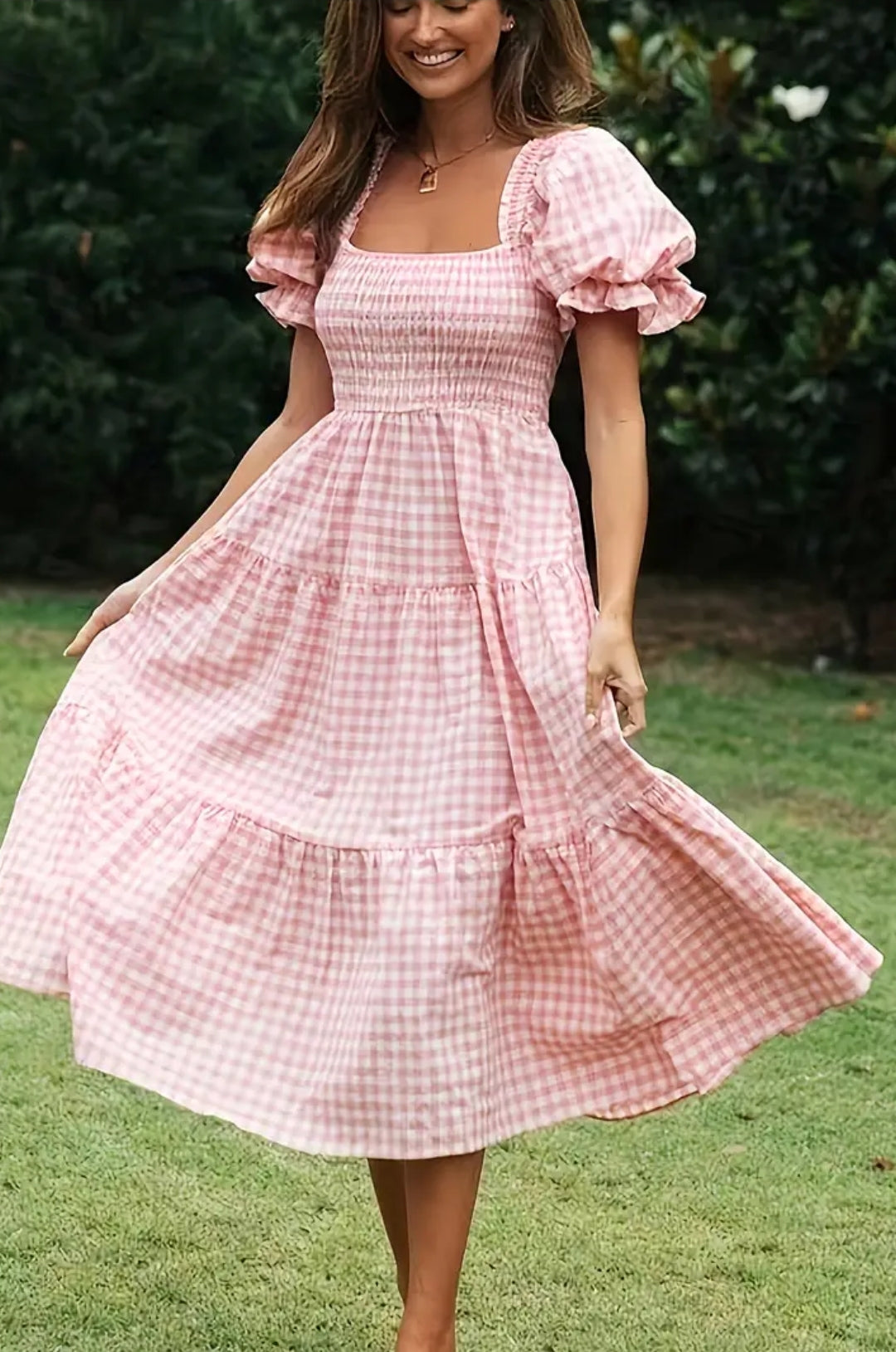 Plaid Pink And White Puff Shoulder Dress