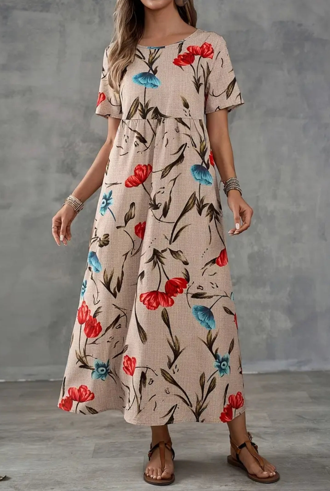 Flower Print Aasual Brown And Bue Long Dress