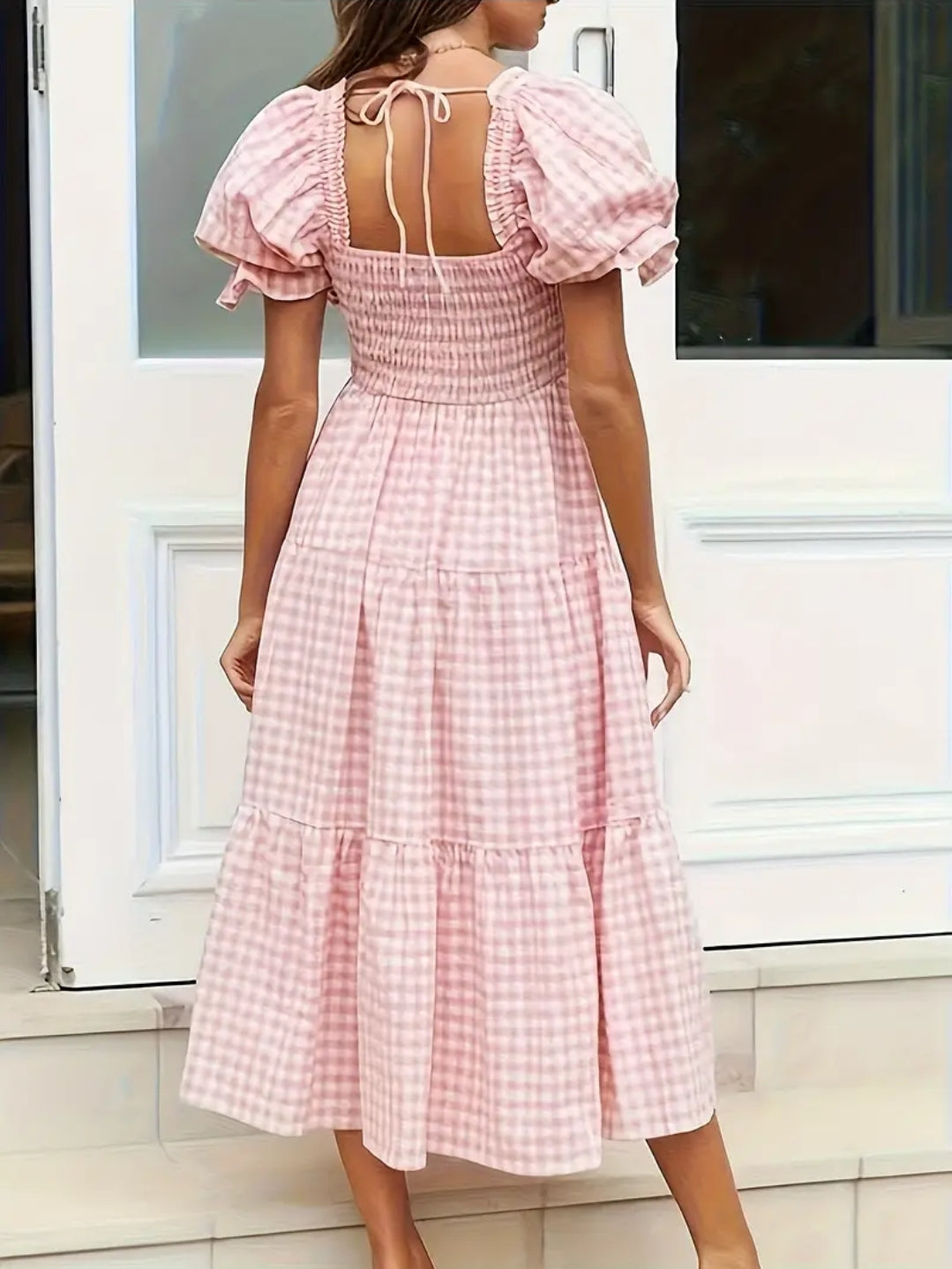 Plaid Pink And White Puff Shoulder Dress