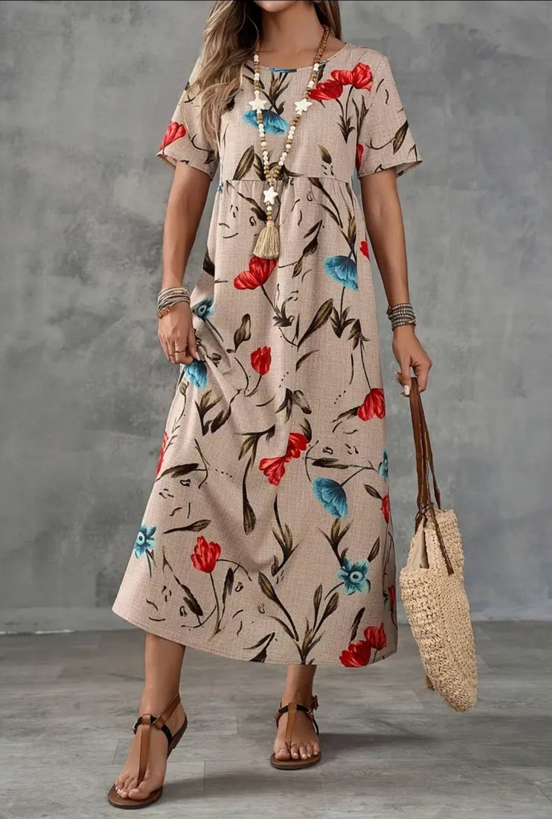 Flower Print Aasual Brown And Bue Long Dress
