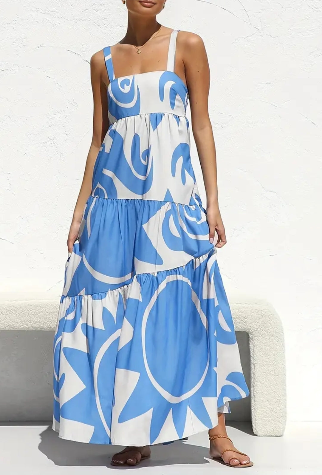 Long White And Blue Summer Vacation Dress