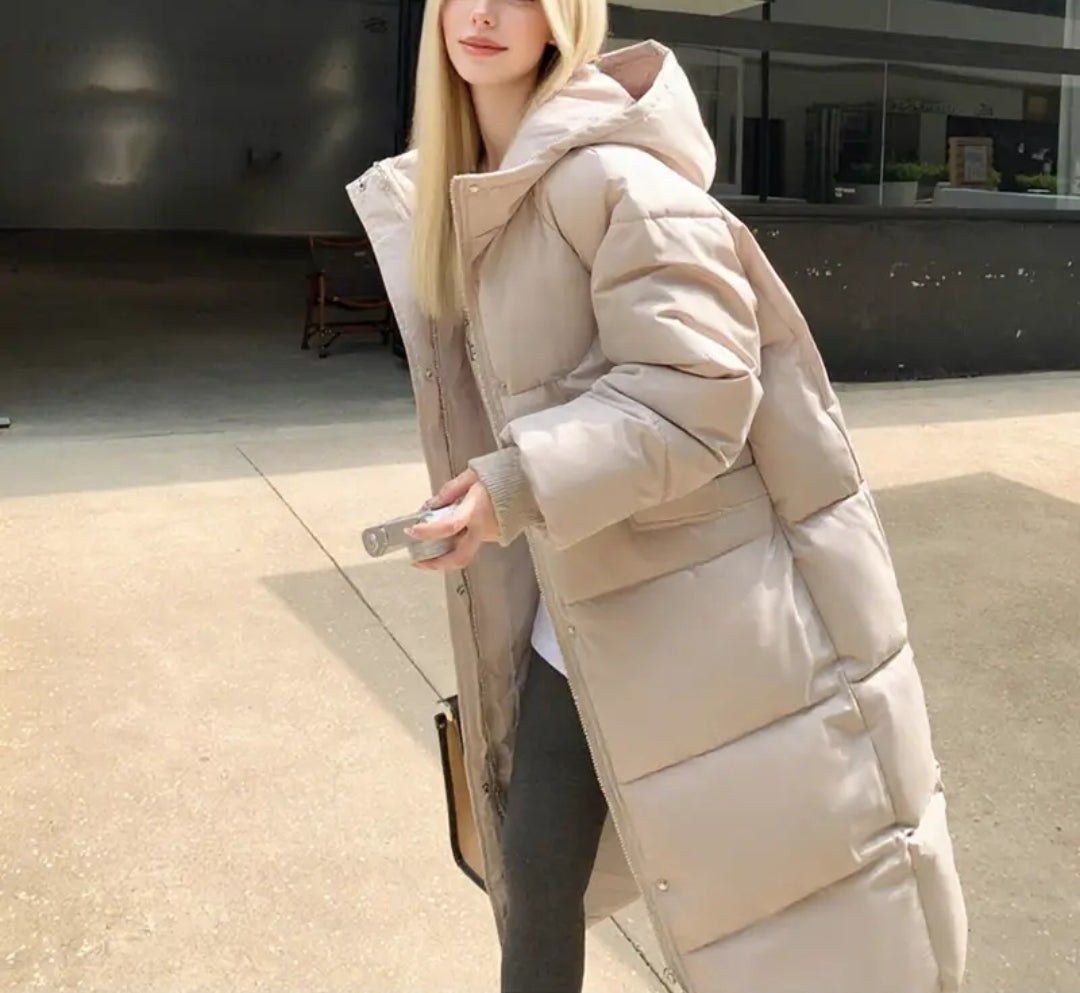 Beige Long Puffer Jacket: Minimalist Ankle Length Winter Coat