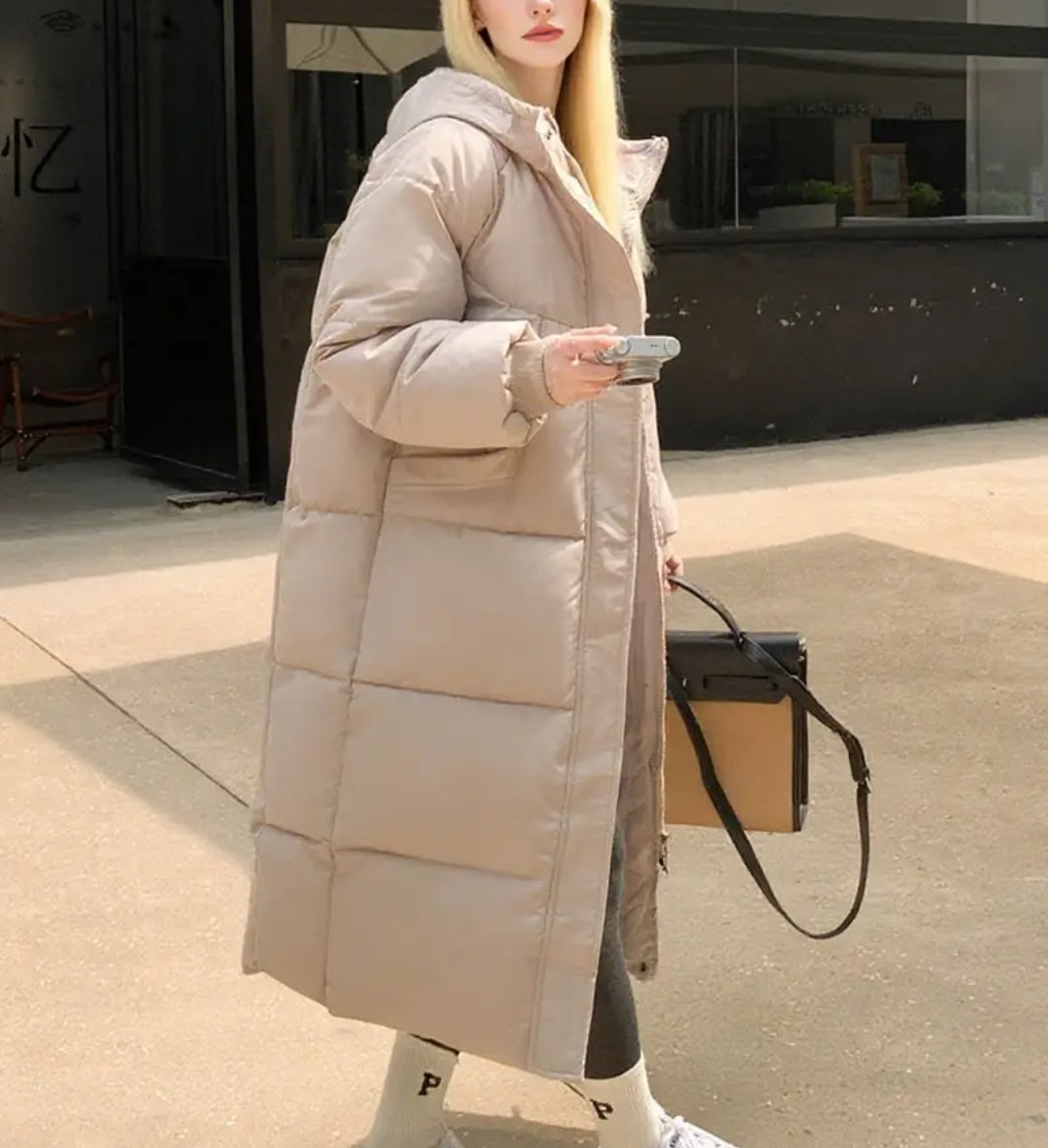 Beige Long Puffer Jacket: Minimalist Ankle Length Winter Coat