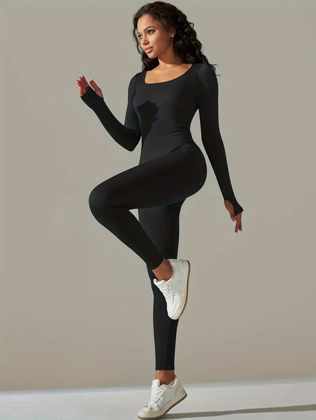 Lined Long Sleeve Sport Black Jumpsuit For Workout And Outing