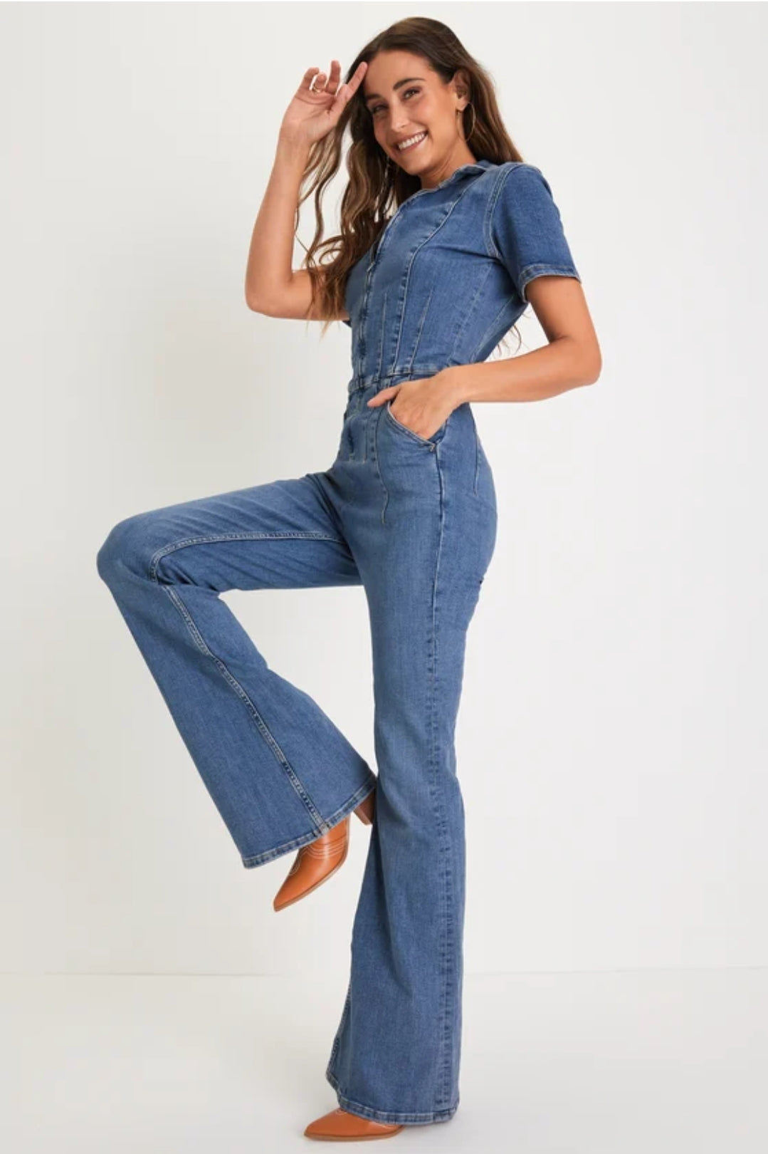 Denim Jumpsuit Flare Wide Leg Blue Jean Jumper Short Sleeve Button Stretch Long Romper Pants