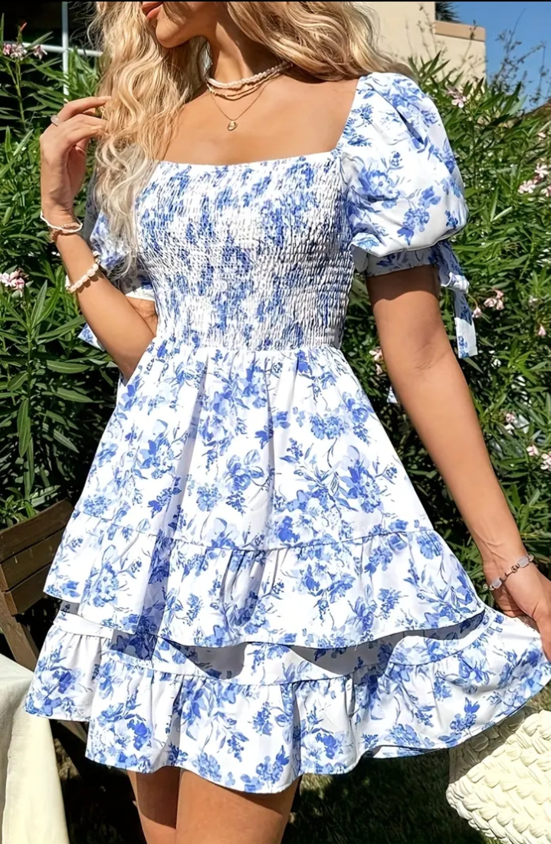 Squard Neck line Ruffle Puff Shoulder Blue And White short Dress