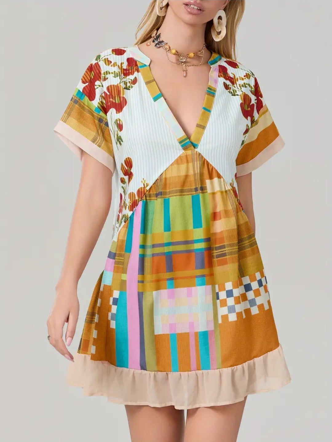 Bohemian Colorful V-neck Short Flowery Dress