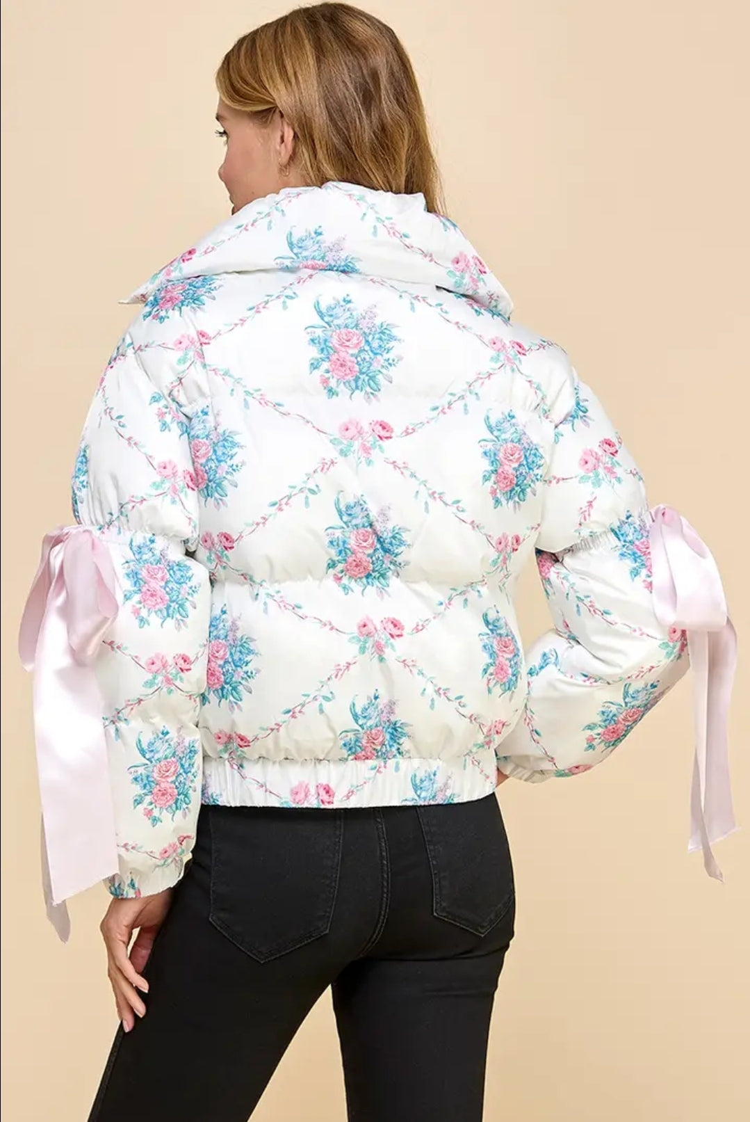 Puffer Pink Jacket With Elbow String Bow Knot Women's Long Sleeve Fitted Winter Black Bow Knot Jacket for Casual Wear