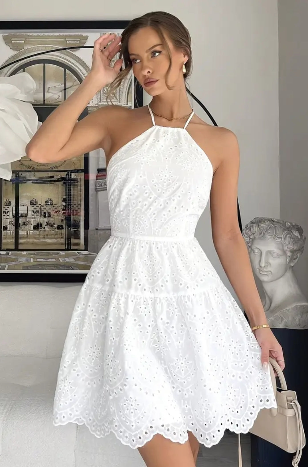 White Halter Neck Backless Dress With Flower Embroidery