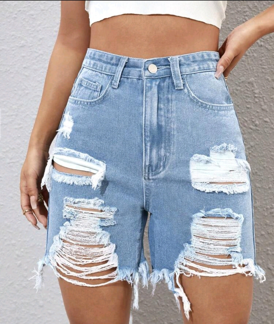 Light Distress High Waist Denim Shorts
