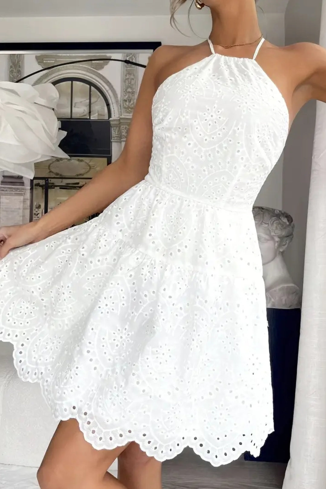 White Halter Neck Backless Dress With Flower Embroidery