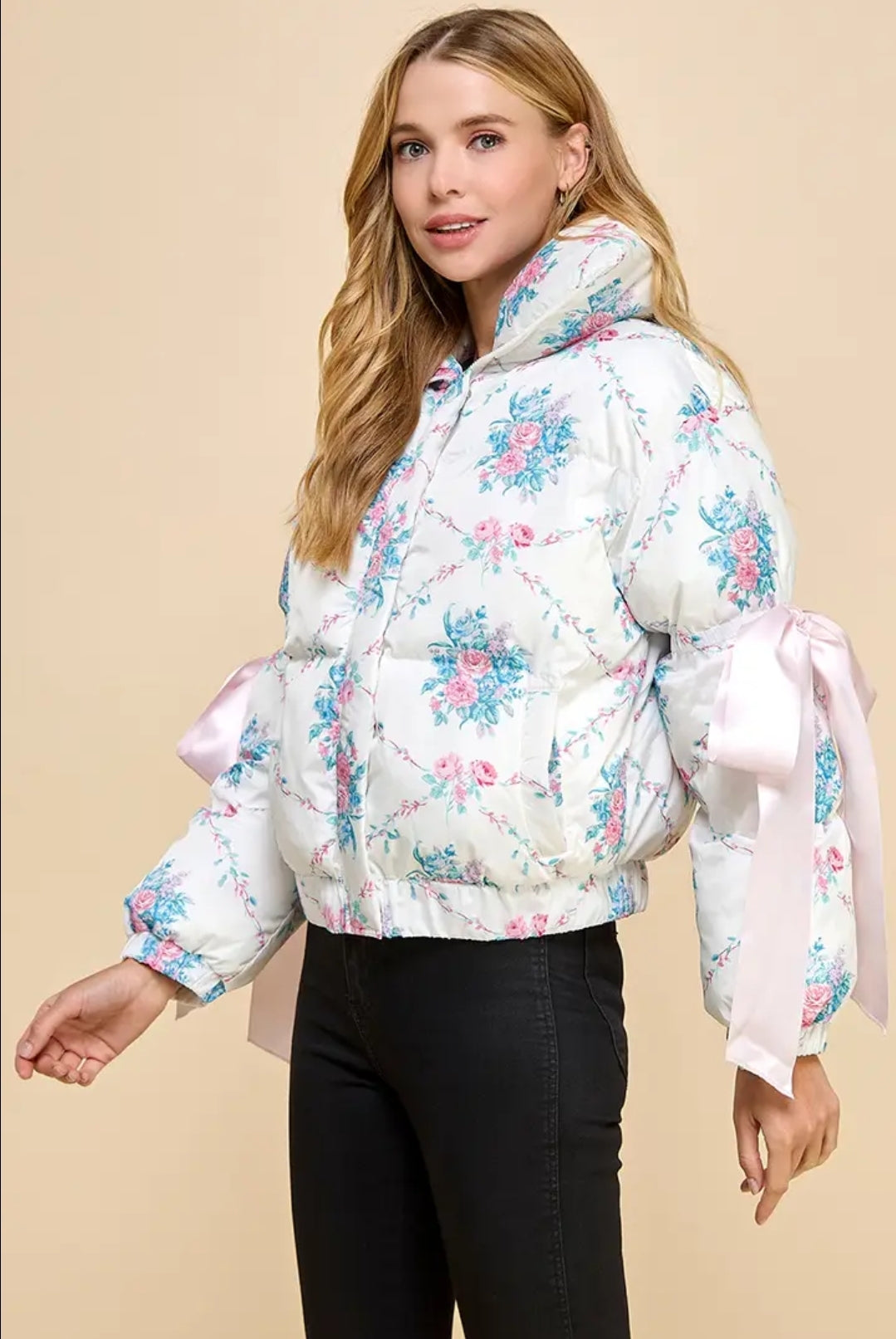 Puffer Pink Jacket With Elbow String Bow Knot Women's Long Sleeve Fitted Winter Black Bow Knot Jacket for Casual Wear