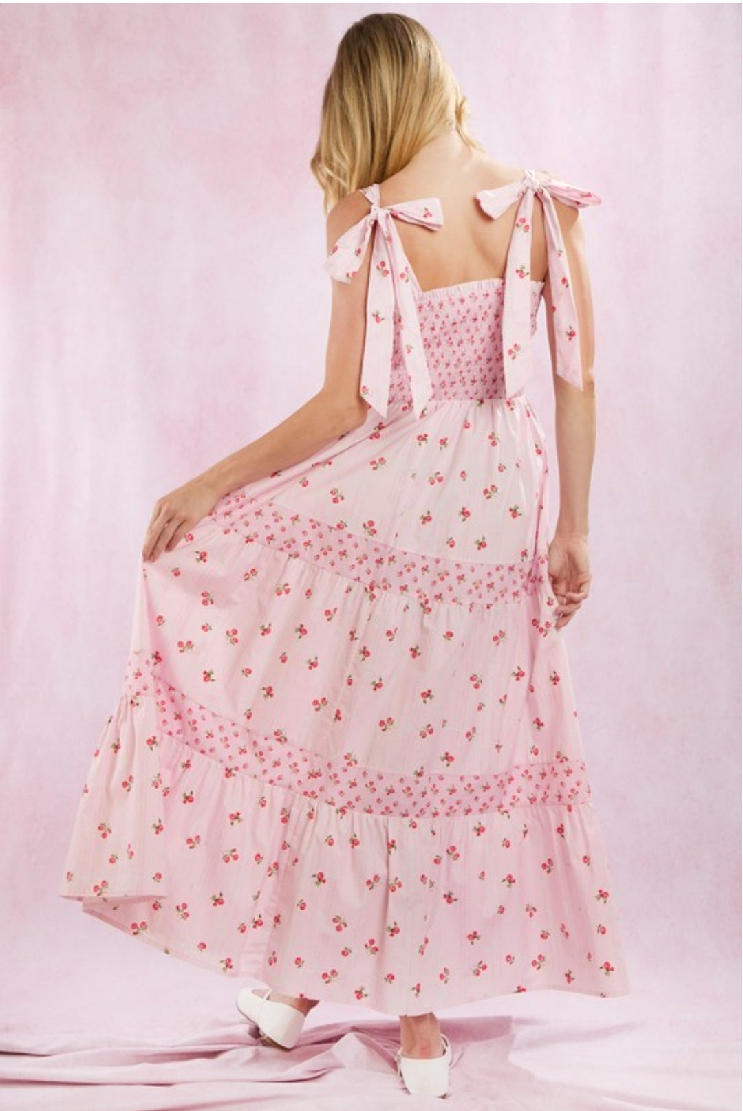 Shoulder Bow Strap Summer Pink Floral Print Long Dress Cute Long Vacation Beach Dress
