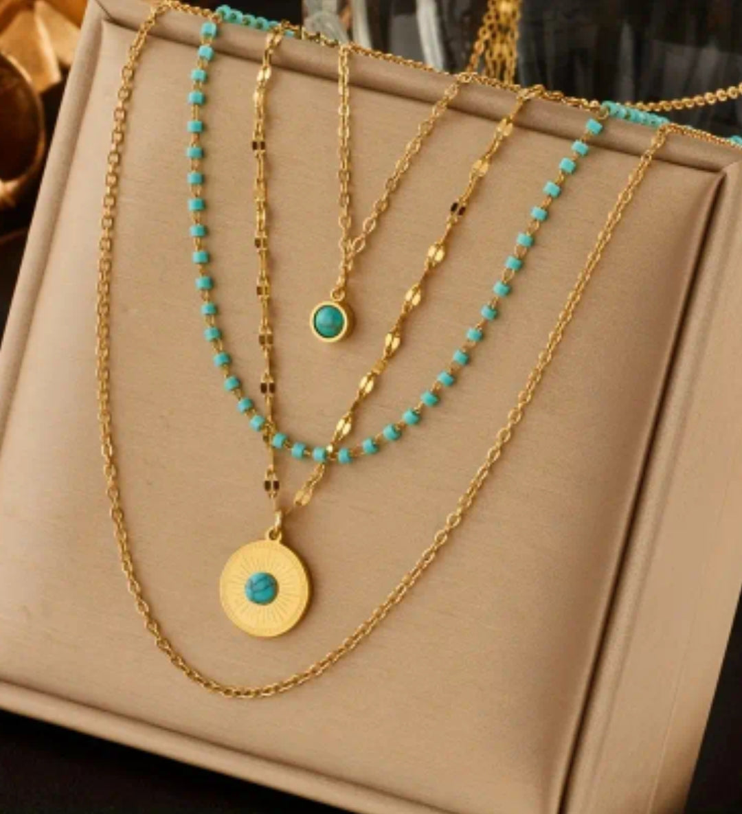 Stainless steel blue Boho Necklace Four Layers Chain Double Pendant