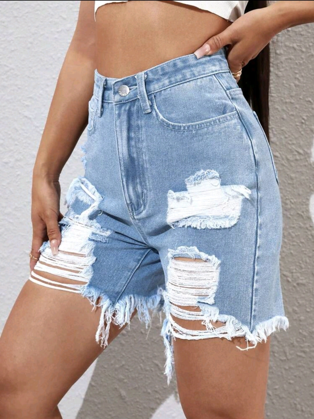 Light Distress High Waist Denim Shorts