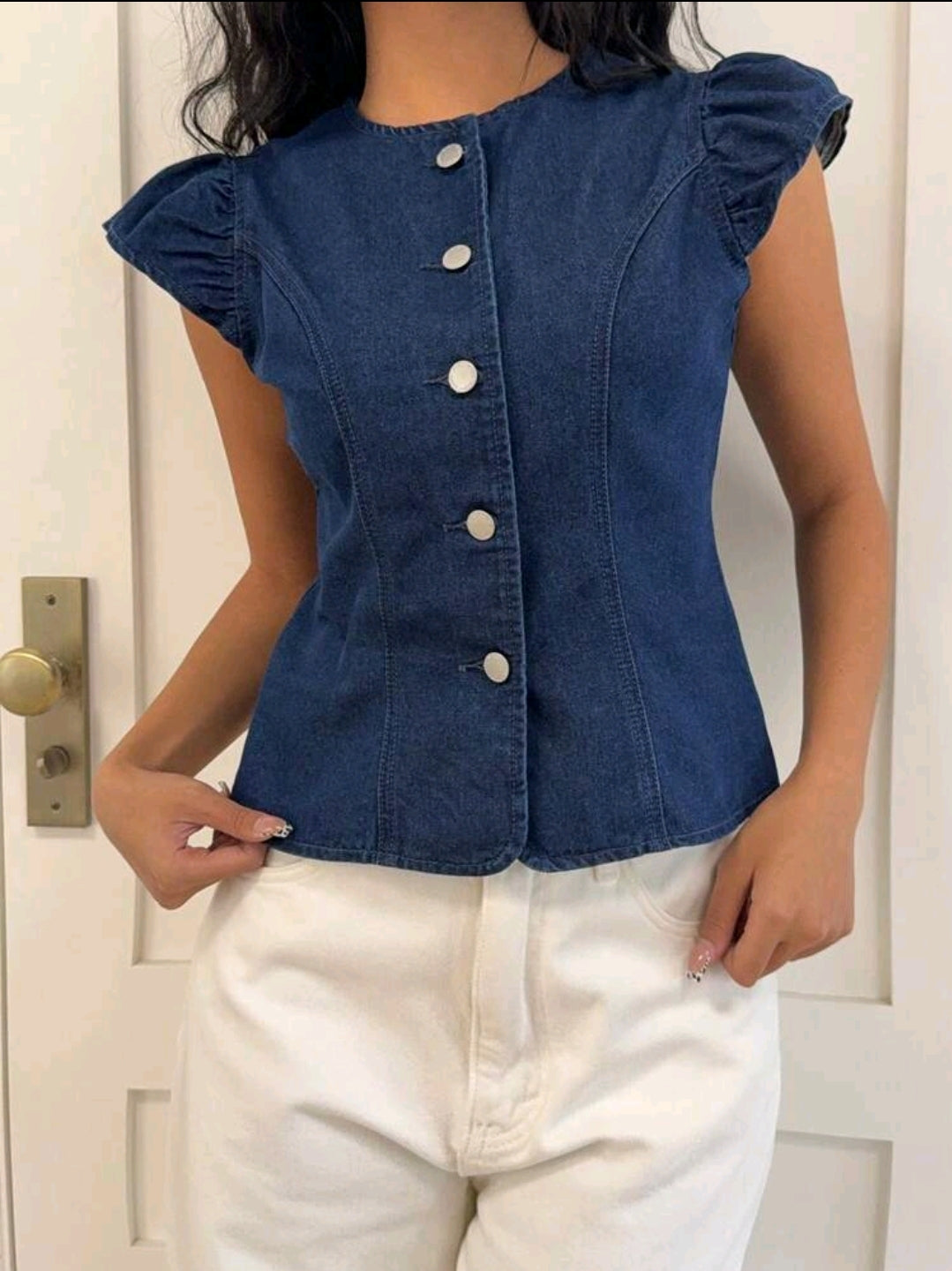 Sleeveless Round Neck Denim Slim Fit Blouse