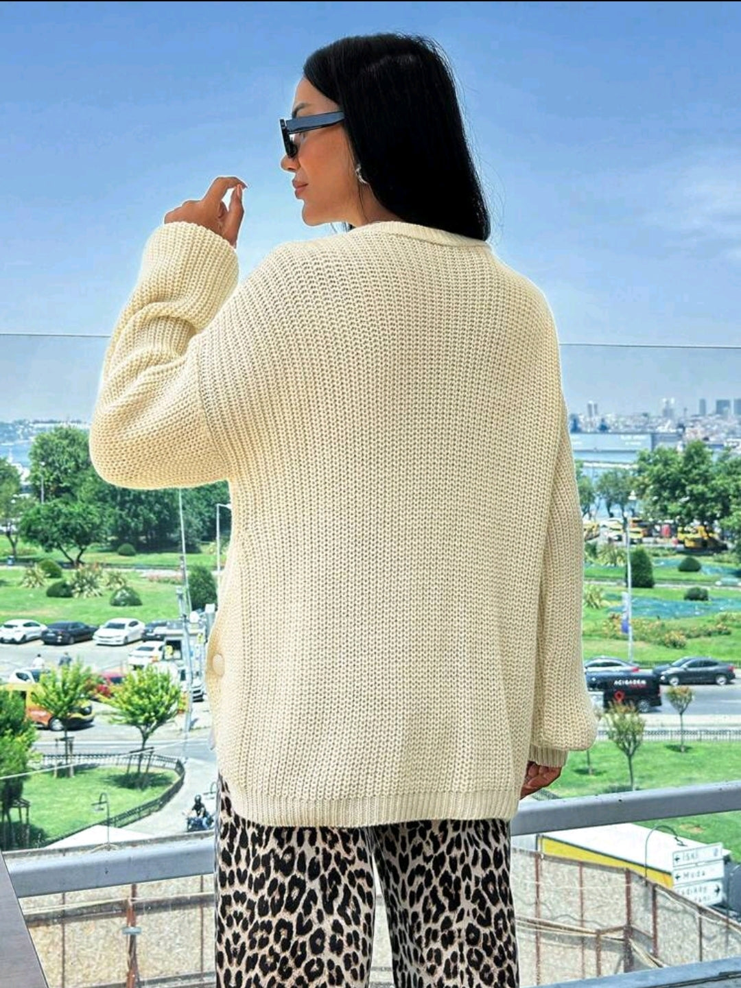 Knitted Button Detailed Beige Loose Sweater