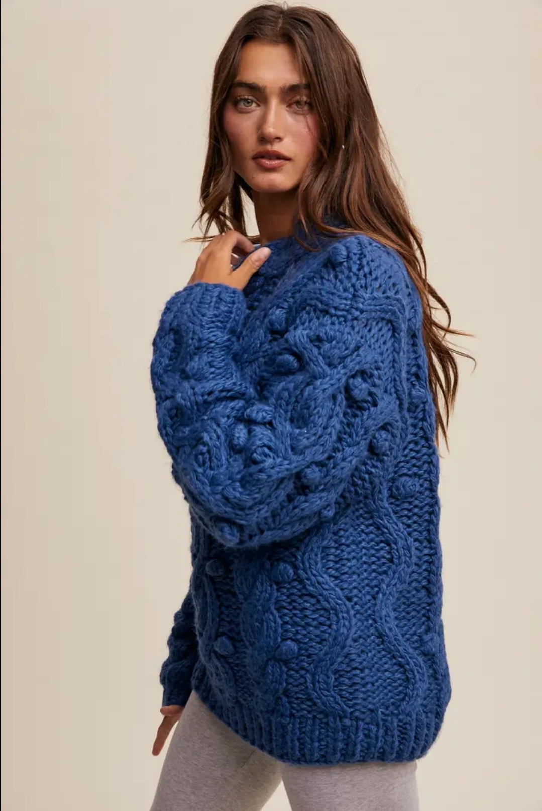Chunky Cable Knit Blue Holiday Women's Sweater Heavy Thick Knitted Christmas Pullover for Women