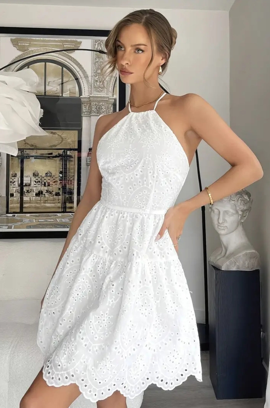 White Halter Neck Backless Dress With Flower Embroidery