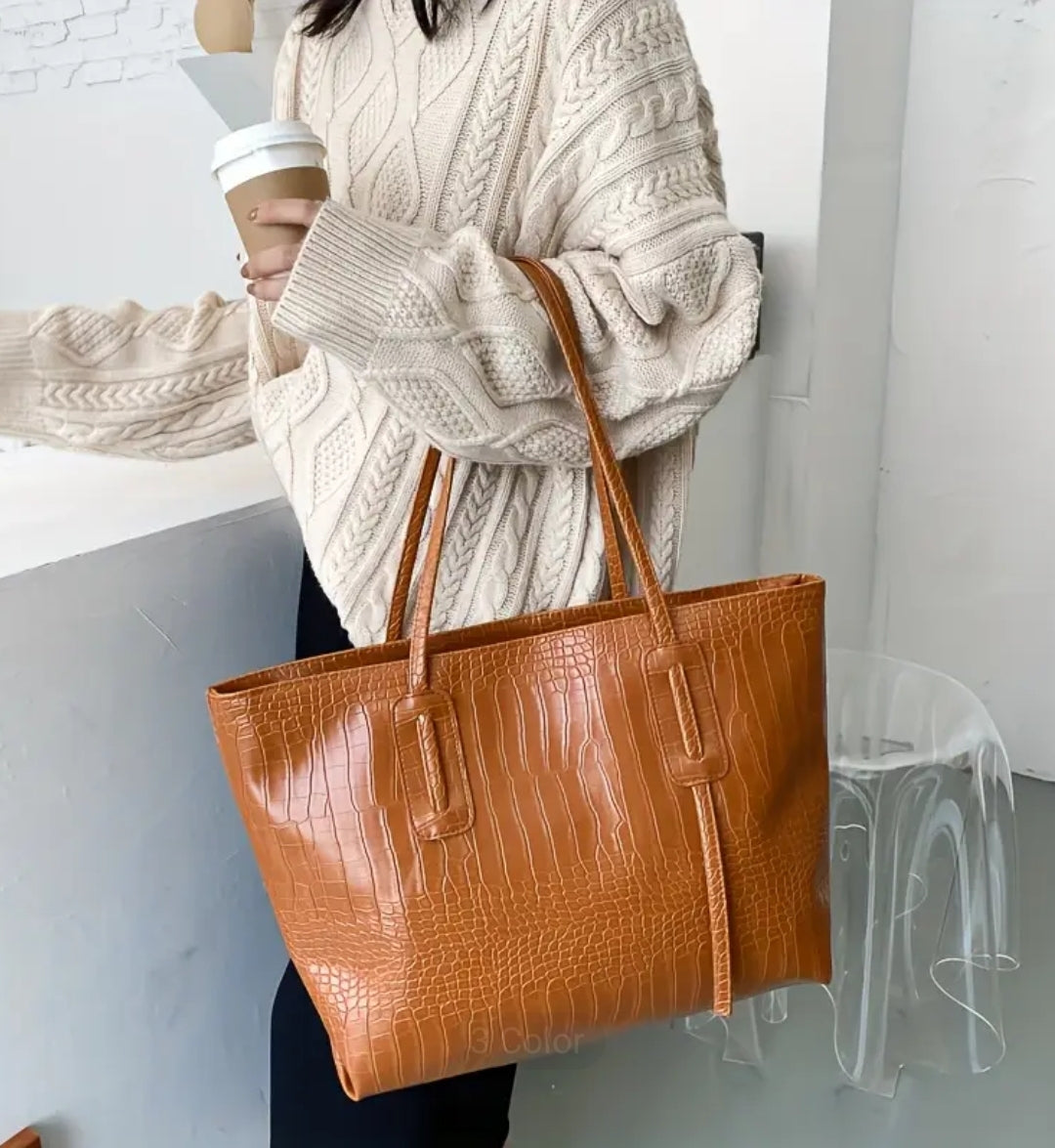 Vacation large faux leather Brown bag large tote summer bag