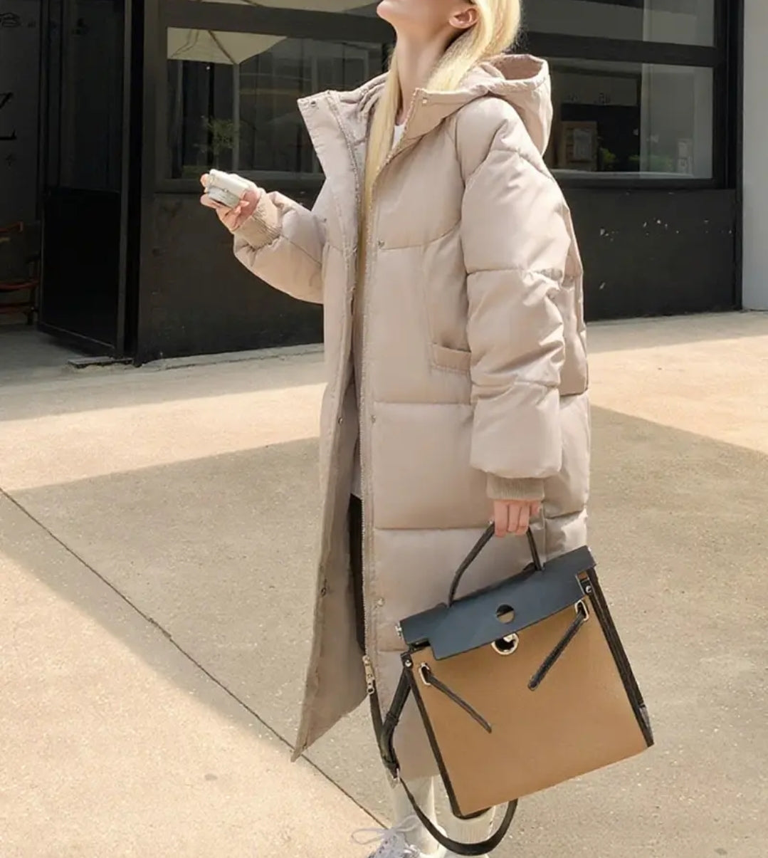 Beige Long Puffer Jacket: Minimalist Ankle Length Winter Coat