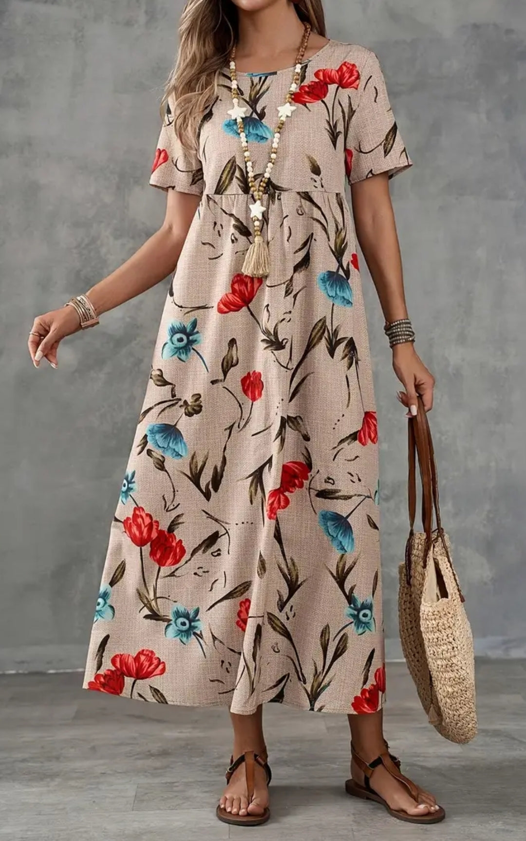Flower Print Aasual Brown And Bue Long Dress