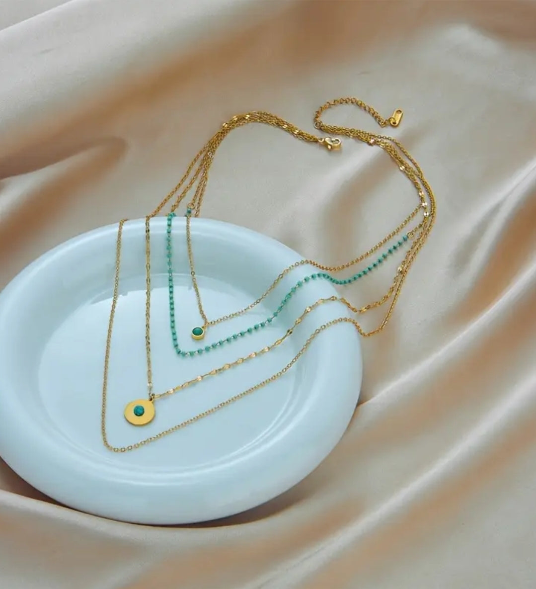 Stainless steel blue Boho Necklace Four Layers Chain Double Pendant