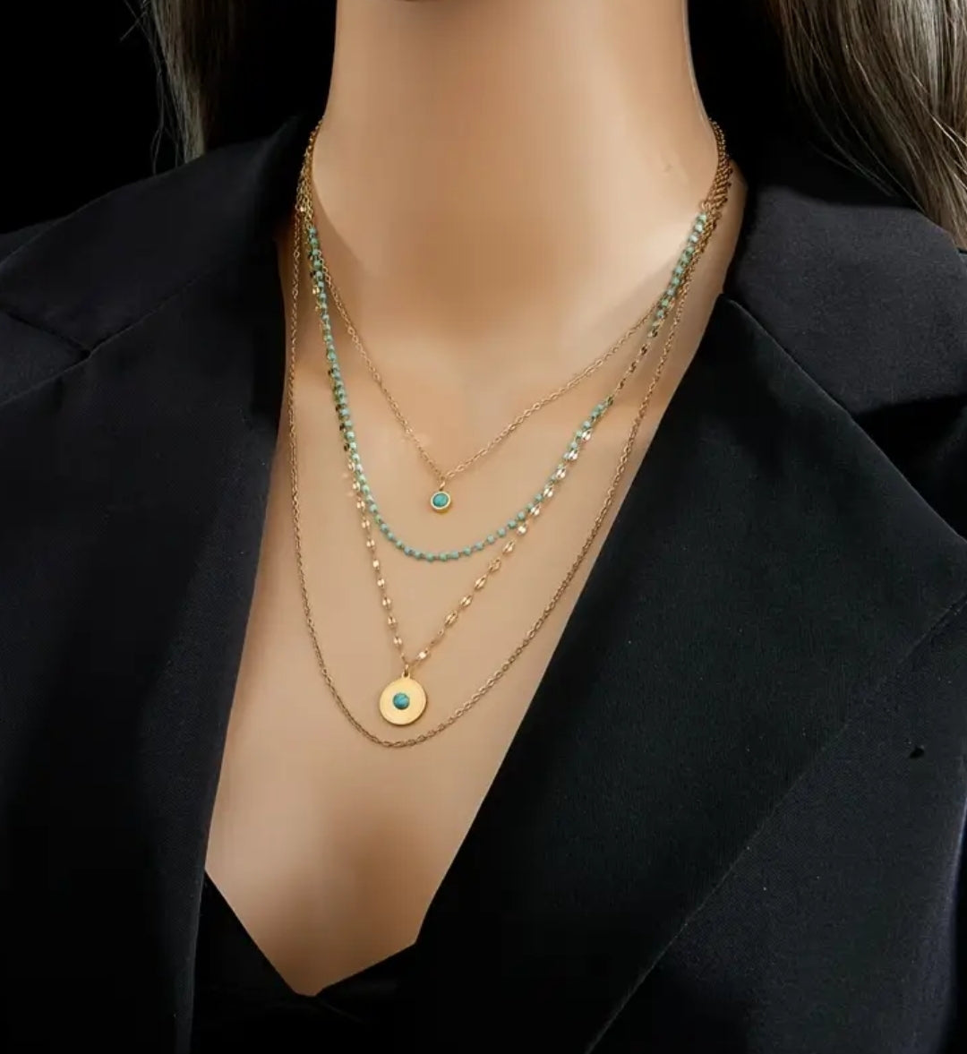 Stainless steel blue Boho Necklace Four Layers Chain Double Pendant