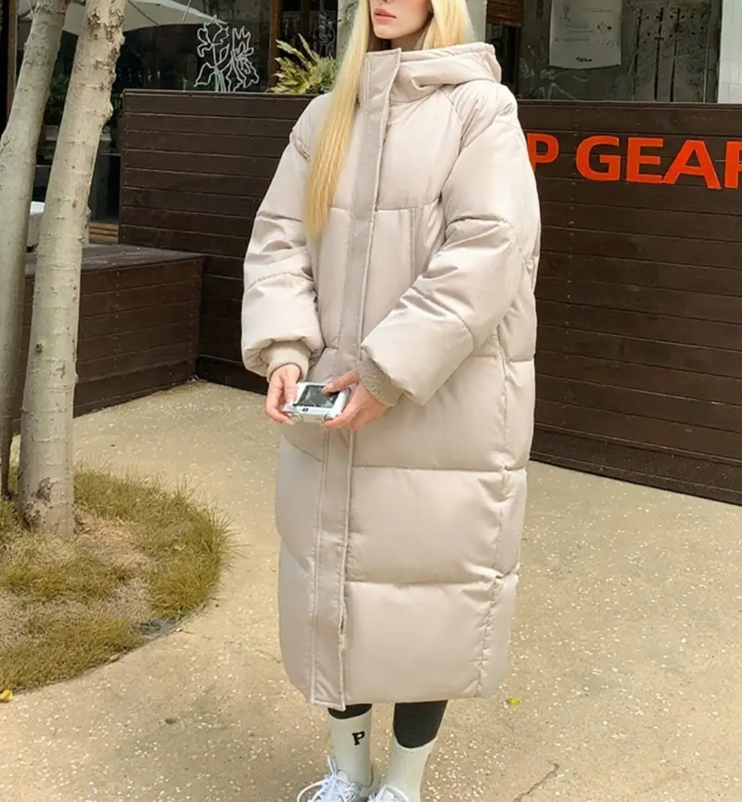 Beige Long Puffer Jacket: Minimalist Ankle Length Winter Coat
