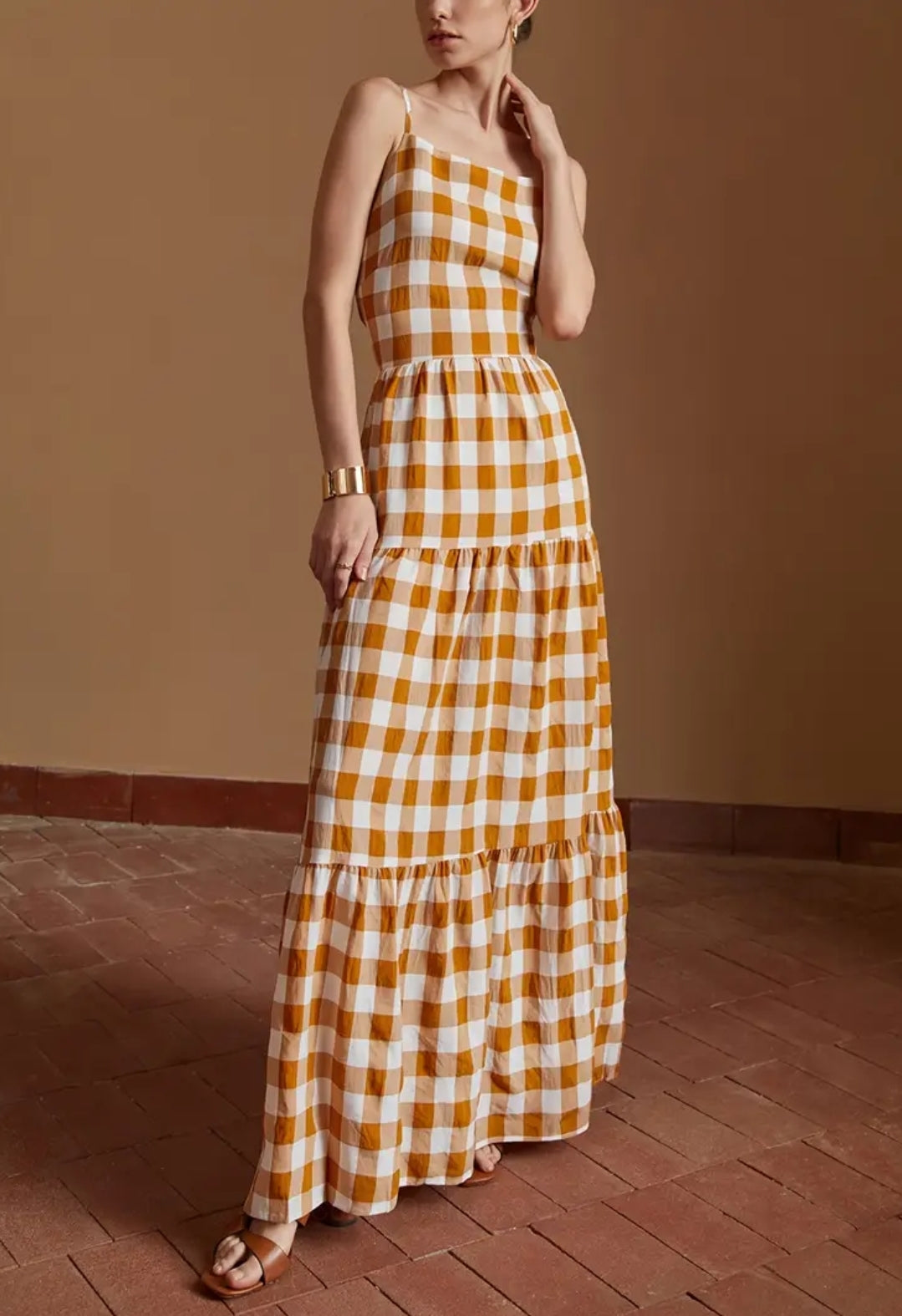 Long Plaid Brown Open Back Dress