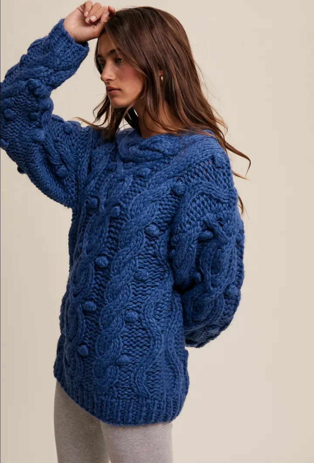Chunky Cable Knit Blue Holiday Women's Sweater Heavy Thick Knitted Christmas Pullover for Women