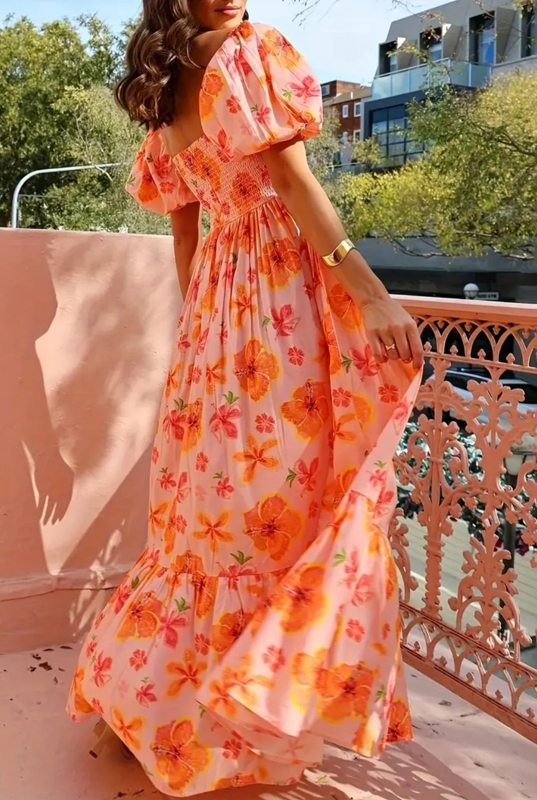 Floral Dress Orange Maxi Puff Shoulder Long Dress