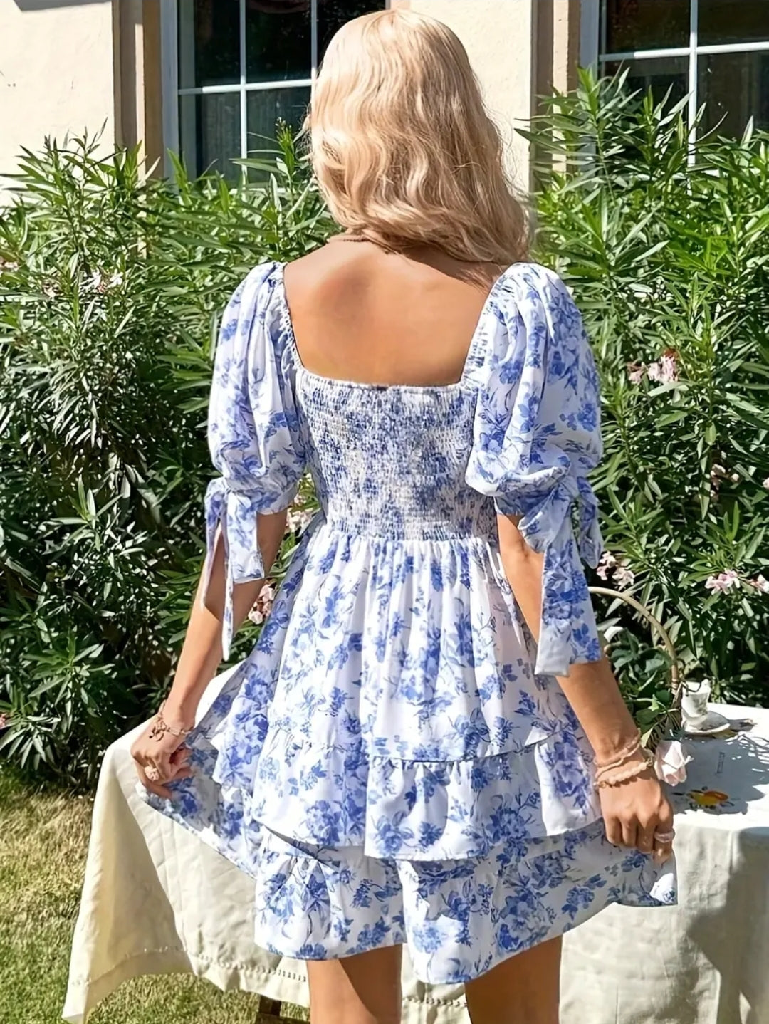Squard Neck line Ruffle Puff Shoulder Blue And White short Dress