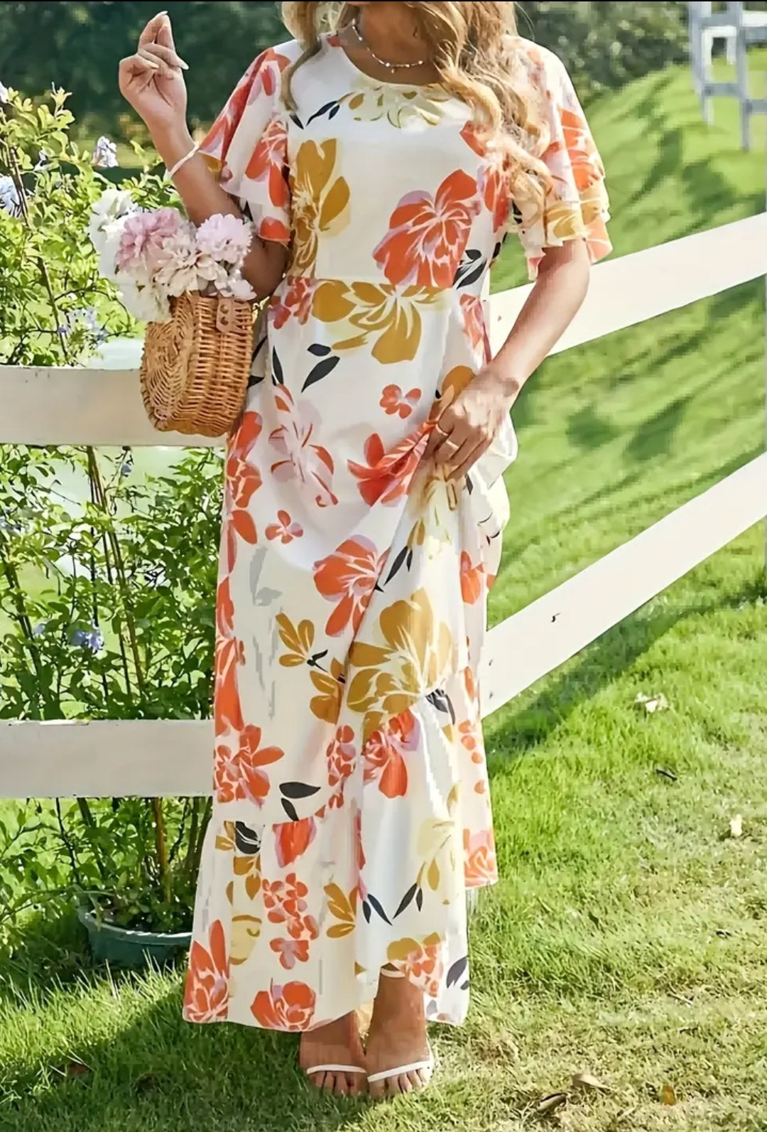 Long Flower Print Midi Dress