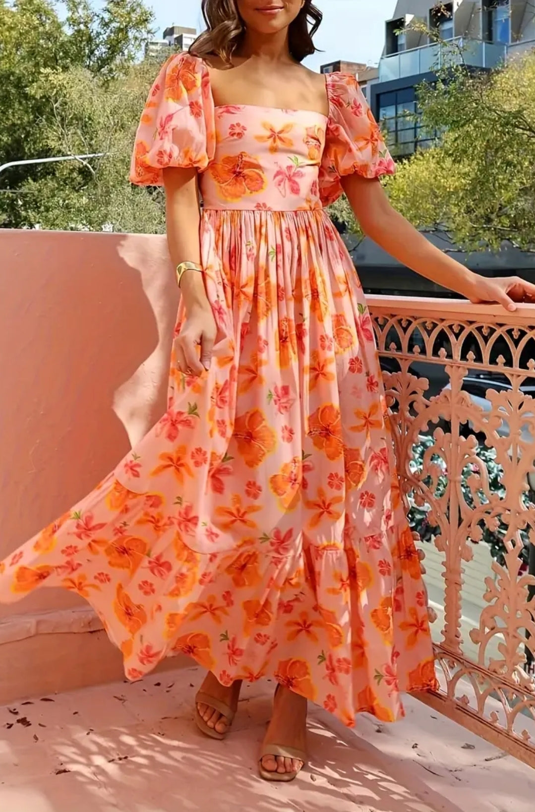 Floral Dress Orange Maxi Puff Shoulder Long Dress