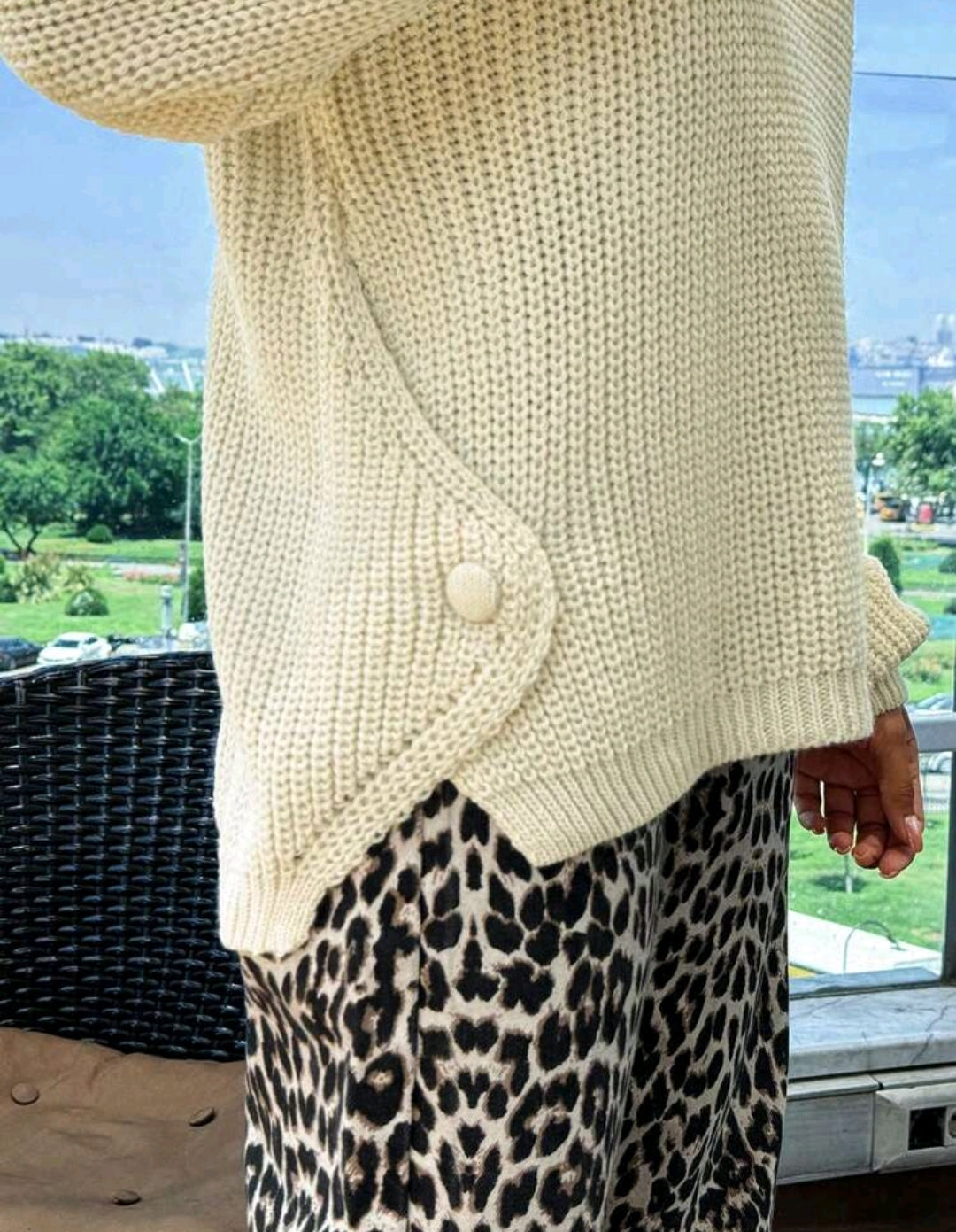 Knitted Button Detailed Beige Loose Sweater