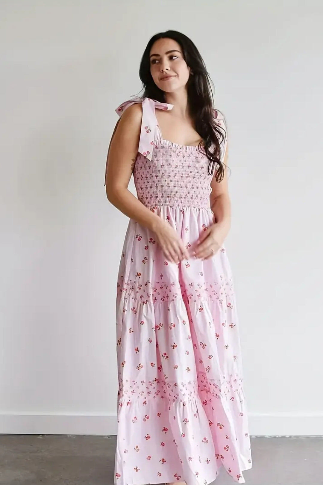 Shoulder Bow Strap Summer Pink Floral Print Long Dress Cute Long Vacation Beach Dress
