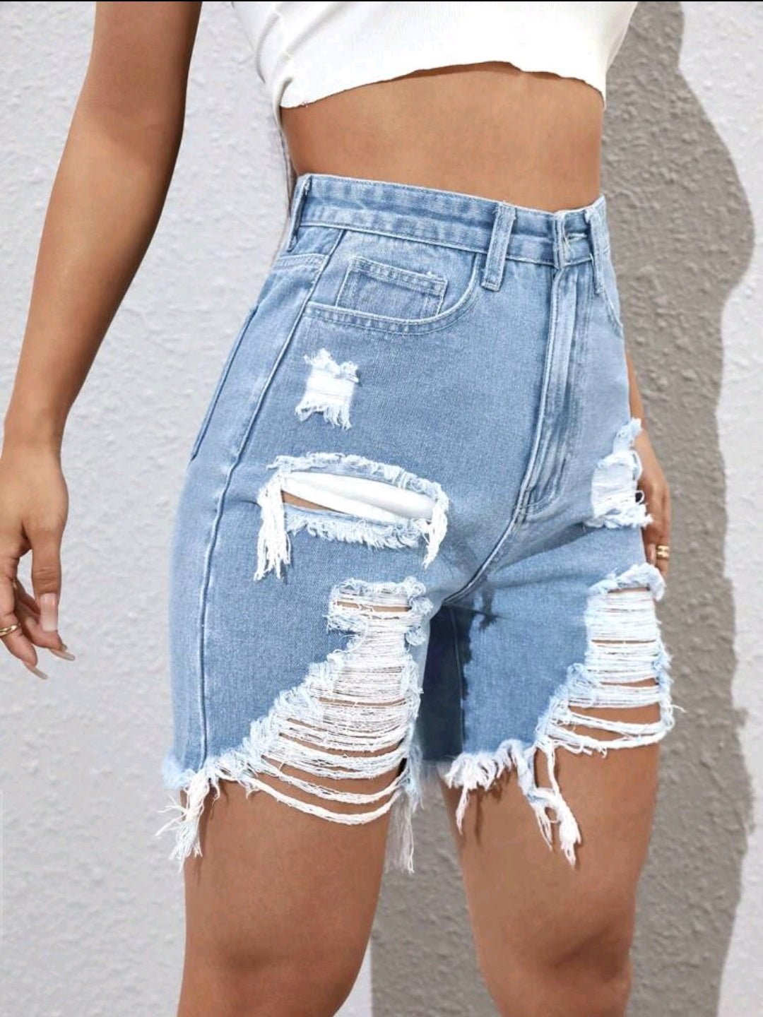 Light Distress High Waist Denim Shorts