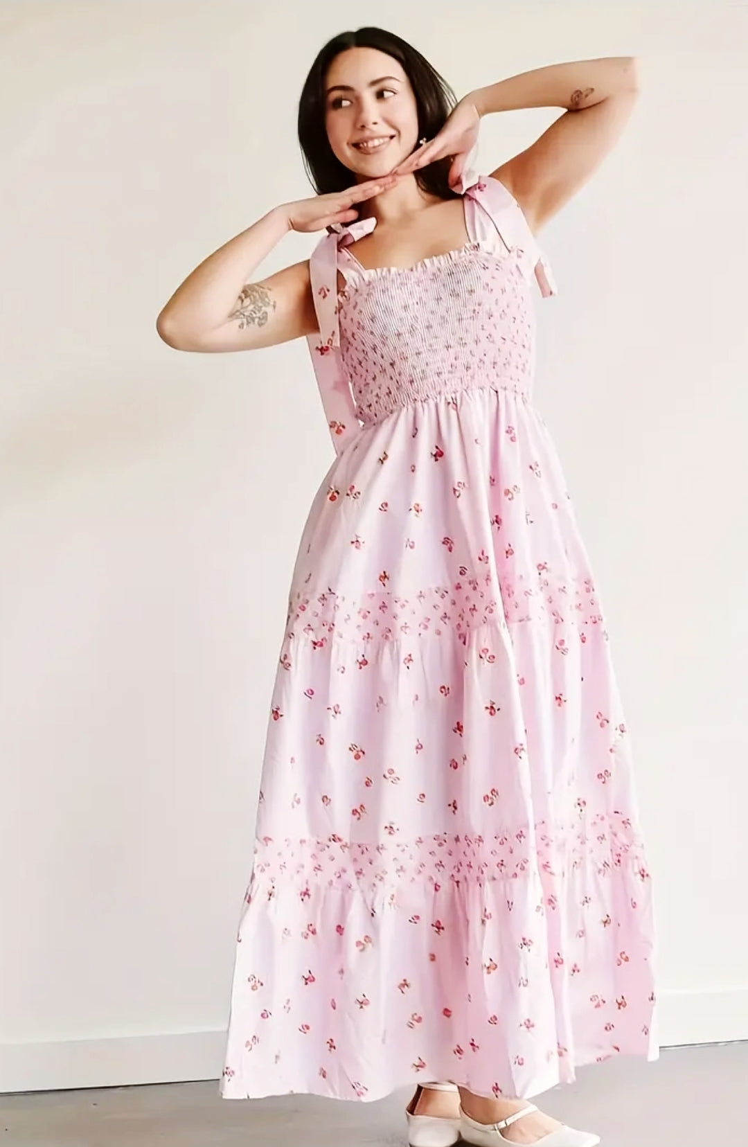 Shoulder Bow Strap Summer Pink Floral Print Long Dress Cute Long Vacation Beach Dress