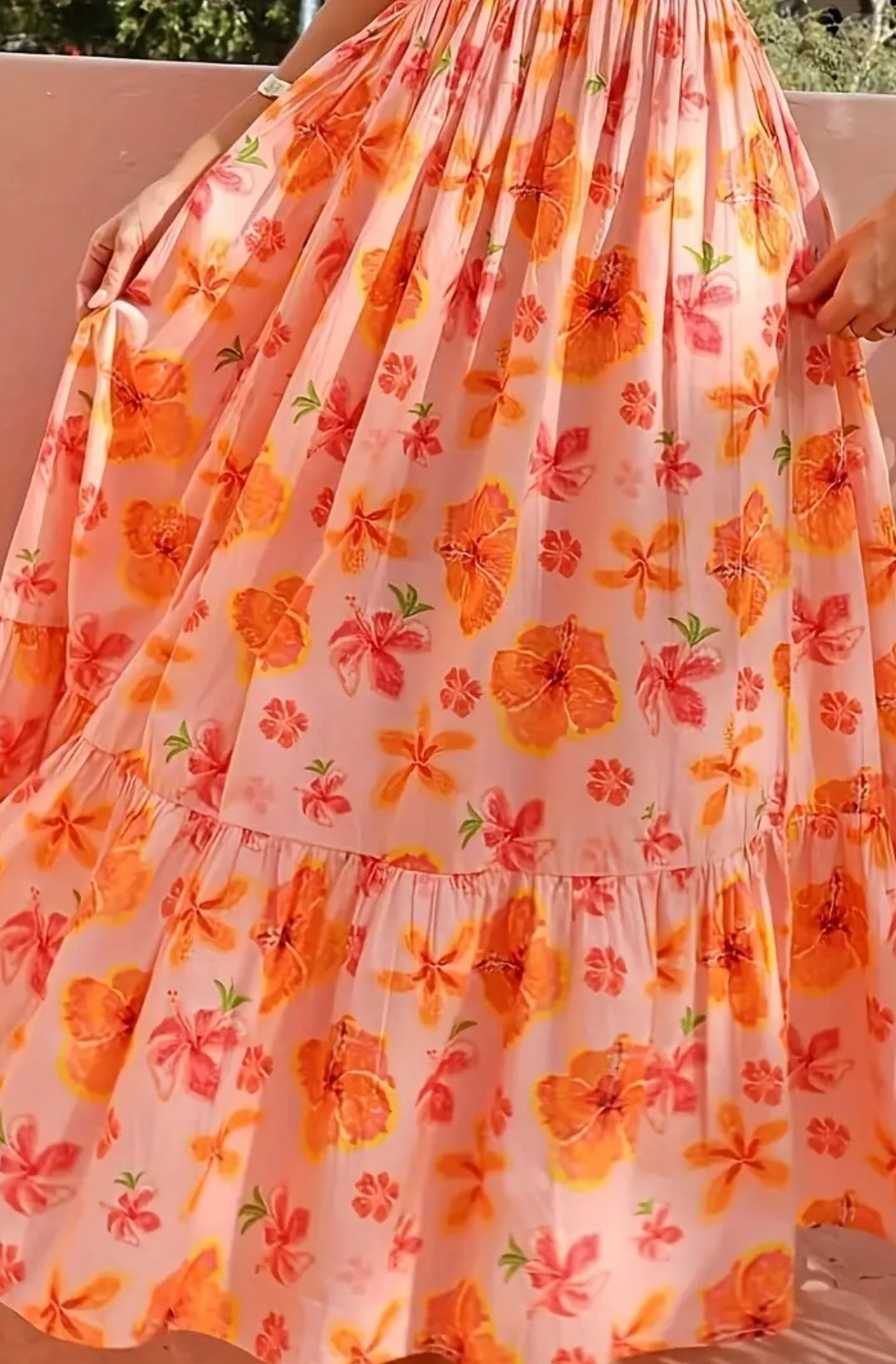 Floral Dress Orange Maxi Puff Shoulder Long Dress