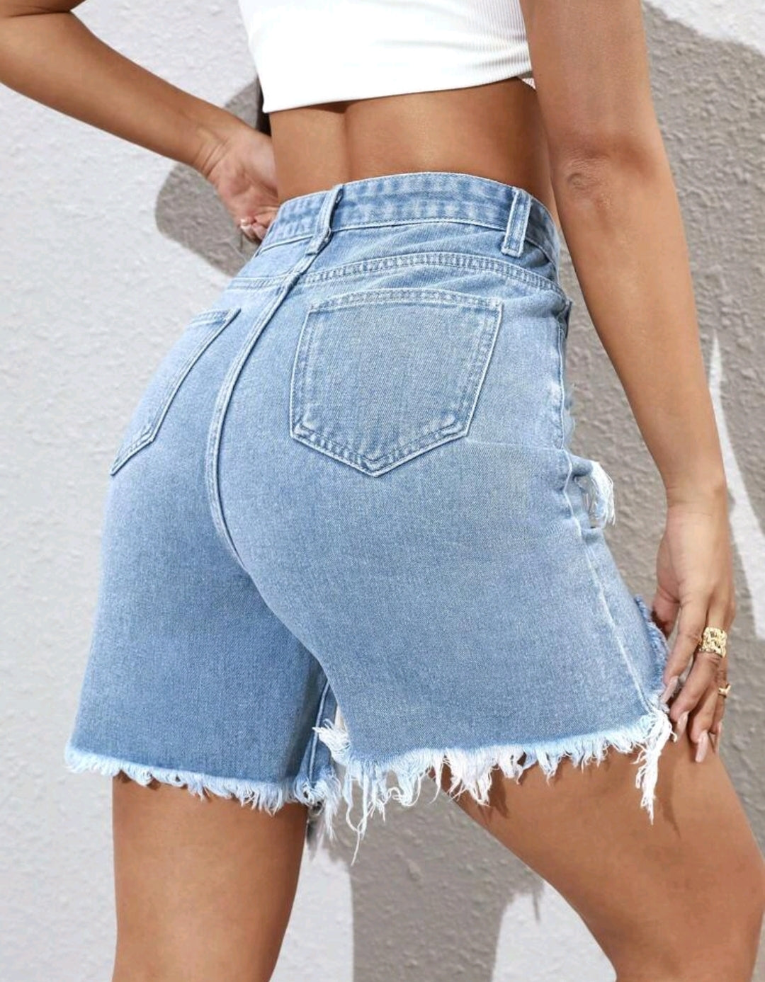 Light Distress High Waist Denim Shorts