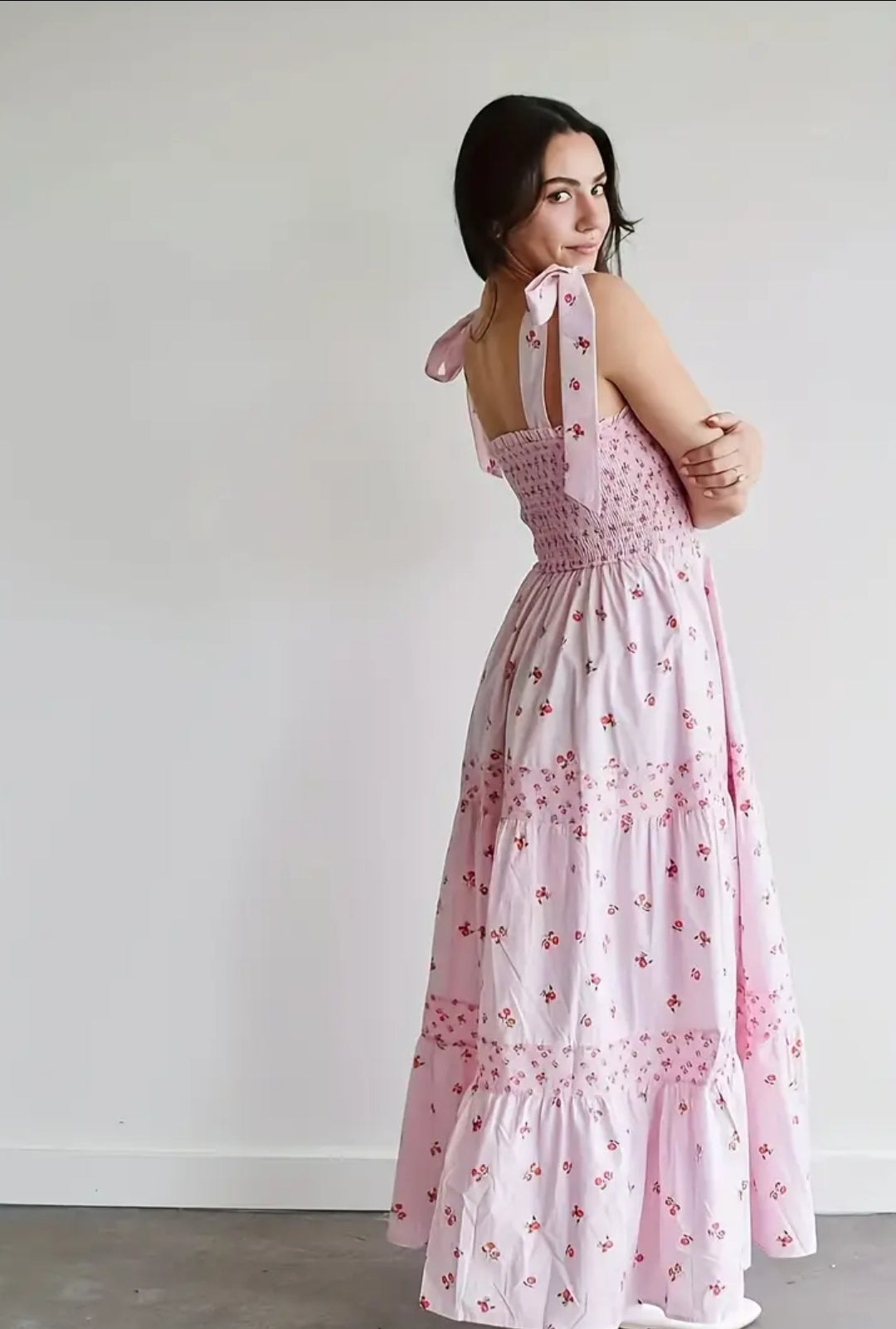 Shoulder Bow Strap Summer Pink Floral Print Long Dress Cute Long Vacation Beach Dress
