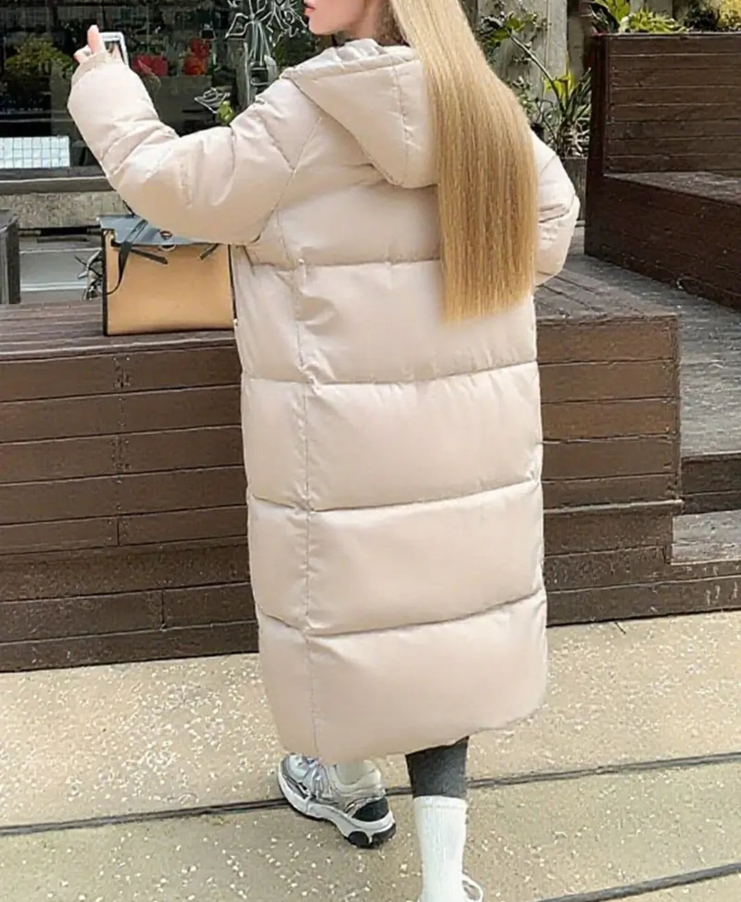 Beige Long Puffer Jacket: Minimalist Ankle Length Winter Coat