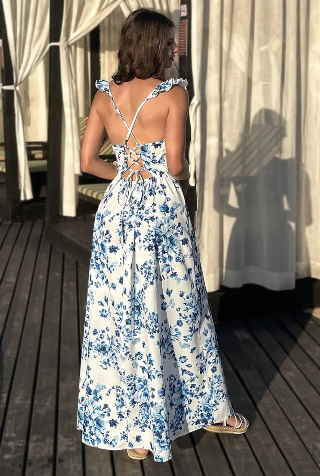 Long Blue And White Flower Print Dress