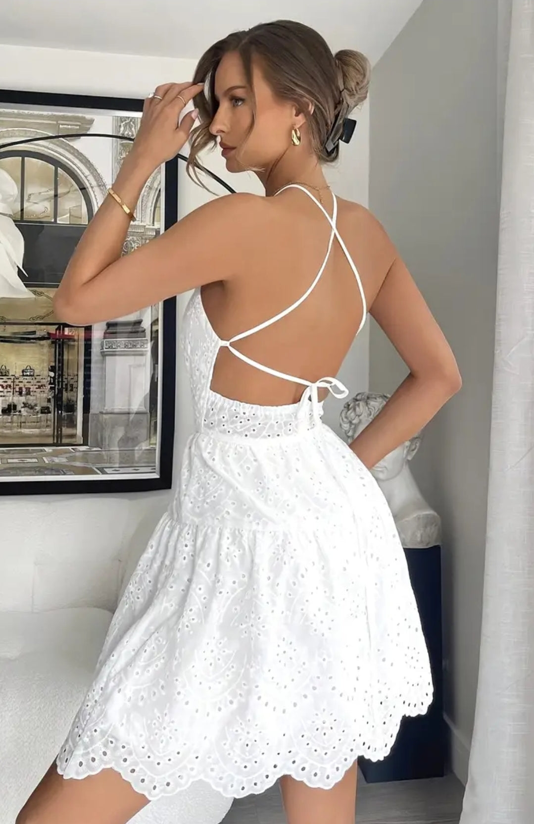 White Halter Neck Backless Dress With Flower Embroidery
