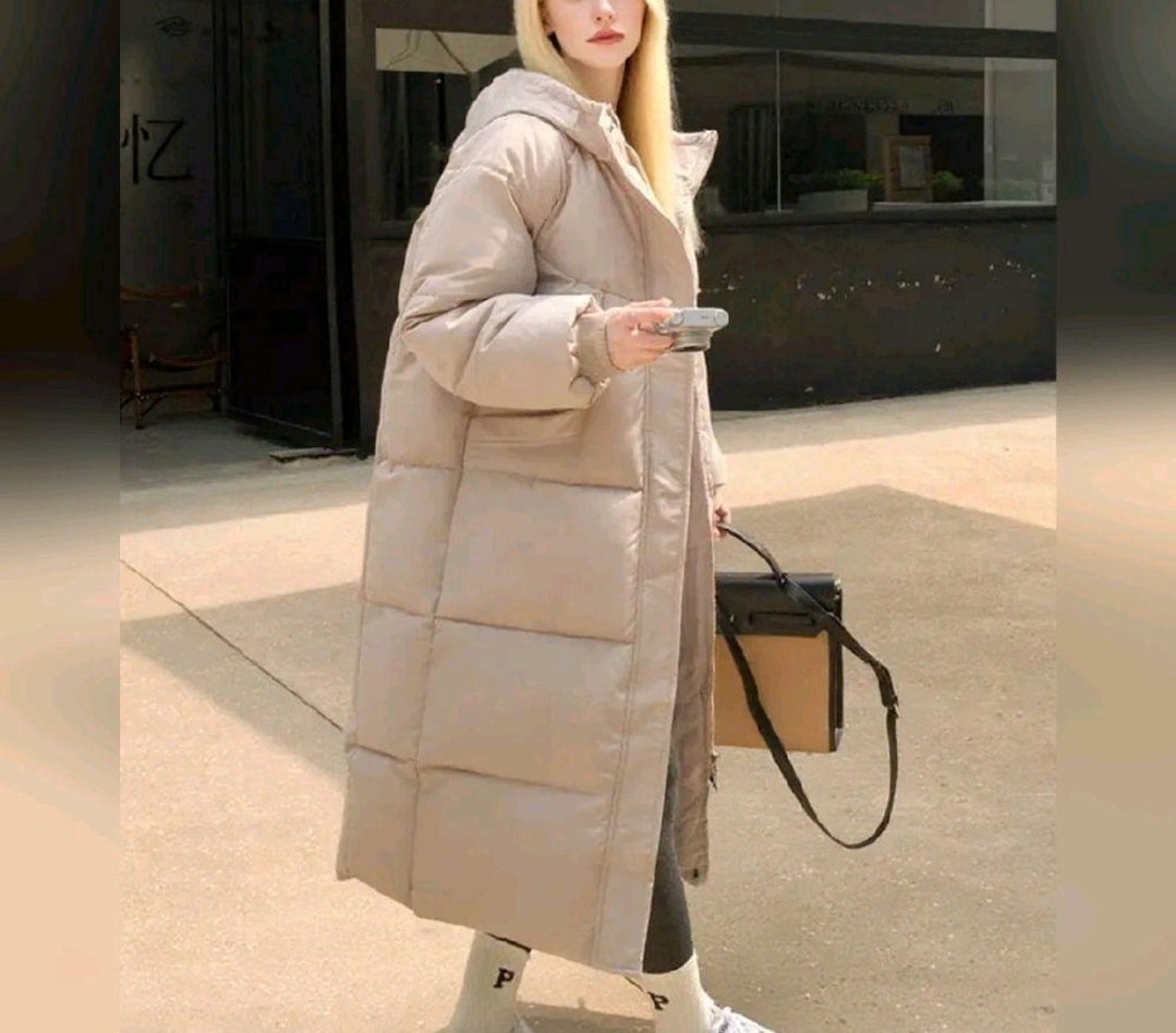 Beige Long Puffer Jacket: Minimalist Ankle Length Winter Coat